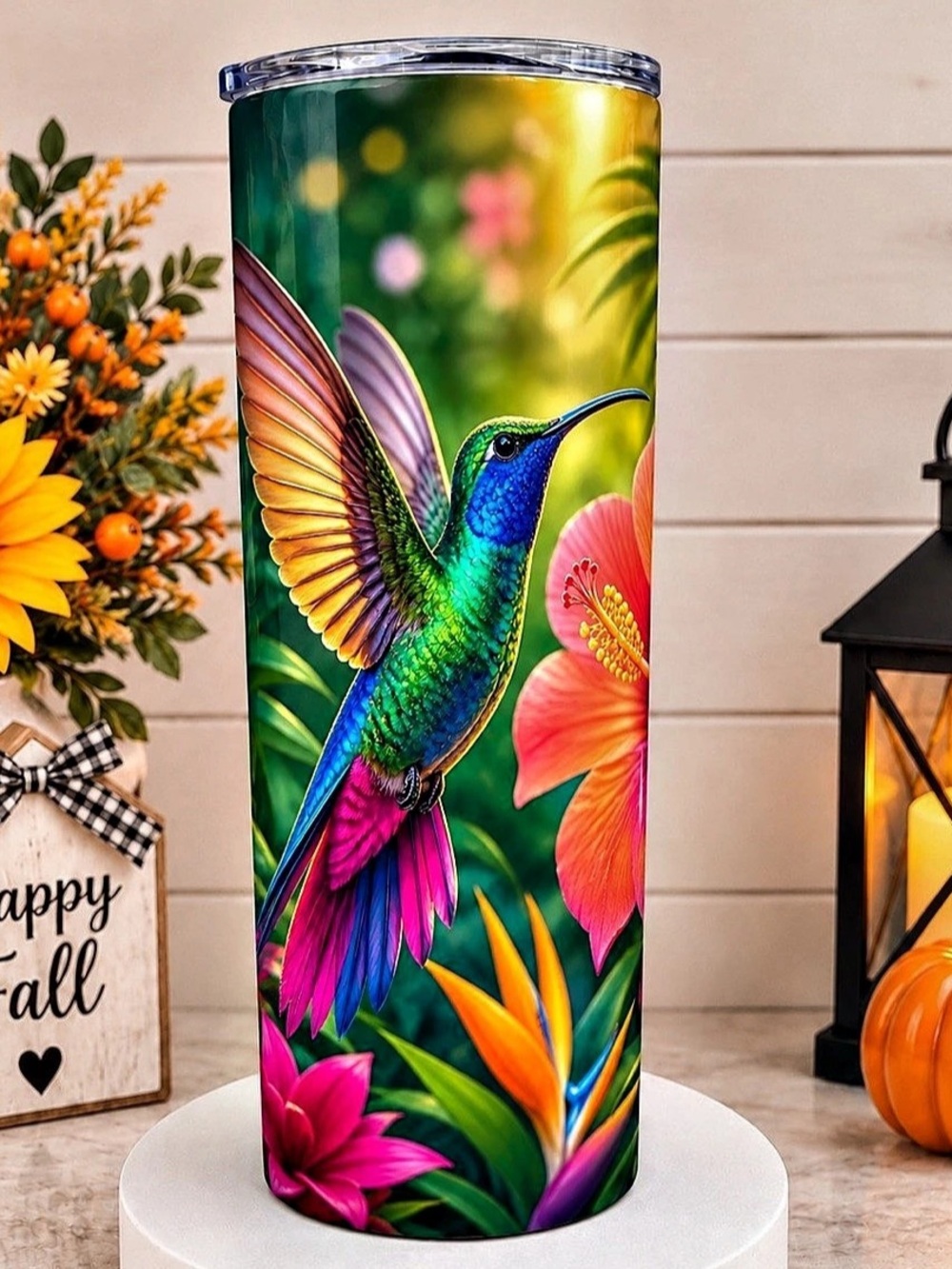 Hummingbird Floral Tumbler in Green & Multicolor